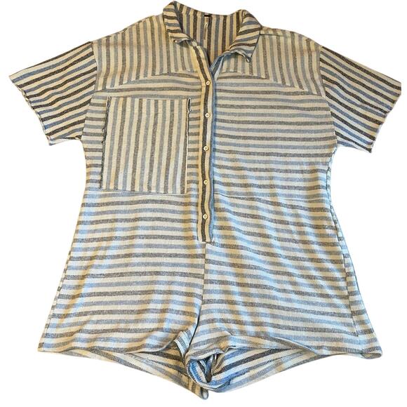 Free People For the Boys Blue Striped Oversized Knit Short Sleeve Romper Small - Picture 2 of 16